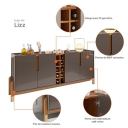 Aparador Buffet Armário Lizz 4 Portas Adega 1,90 Mdf/madeira Cinza Perola/cedro - 7