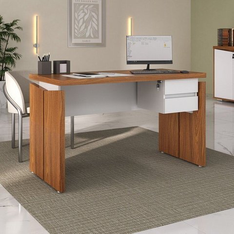 Mesa para Diretor em Tamburato 1250 com Suspensas com Chave 2 Gavetas 125,3cm Freijó e Branco Artany