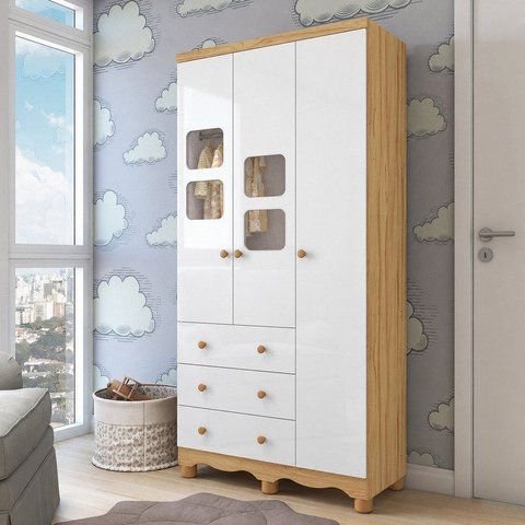Guarda-Roupa Bebê 3 Portas 3 Gavetas com Janelas e Pés Mimo 100% MDF Espresso Móveis Branco