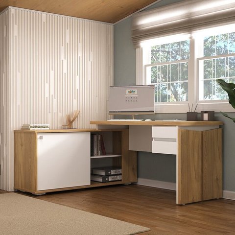 Escrivaninha em L Mesa Escritório com Porta de Correr e 2 Gavetas 168,5cm Olmo E Branco