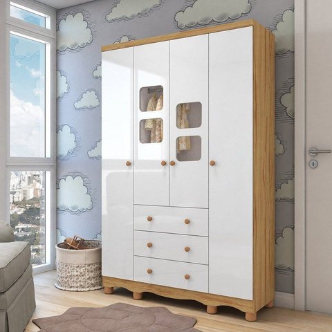 Guarda-Roupa Bebê 4 Portas 3 Gavetas com Janelas e Pés Mimo 100% MDF Espresso Móveis Amêndoa/Branco