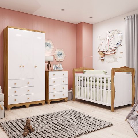 Quarto de Bebê Completo Berço Minicama Guarda-Roupa 3 Portas e Cômoda 100% MDF Nina Espresso Móveis