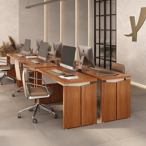 Conjunto 6 Peças com Escrivaninhas Operacionais em Tamburato Mesa Escritório 1450 145,3cm Freijó E Branco