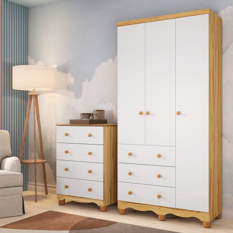 Quarto Infantil com Guarda-Roupa 3 Portas e Cômoda 4 Gavetas 100% MDF Mimo Espresso Móveis Branco/Br