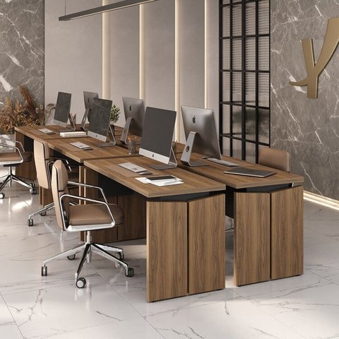 Conjunto 6 Peças com Escrivaninhas Operacionais em Tamburato Mesa Escritório 1450 100% MDF 145,3cm Nogal e Preto Marrom Artany