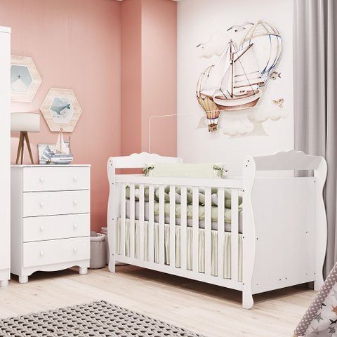 Quarto de Bebê com Berço Minicama e Cômoda 4 Gavetas 100% MDF Nina Espresso Móveis Branco/Brilho
