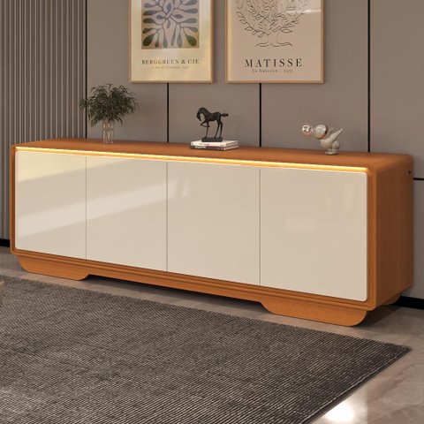 Aparador Buffet 4 Portas com LED Arcus 218 cm Orgânico - Cedro e Off White