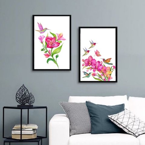 Kit 2 Quadros Passarinhos Beija-flores 45x34cm:moldura Preta