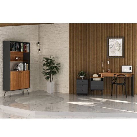 Conjunto 3 Peças com Escrivaninha Industrial, Gaveteiro Organizador e Estante com Pés de Metal Freijó Preto Artany