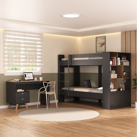 Quarto Juvenil Completo Zest com Beliche e Escrivaninha 2 Gavetas Yescasa Cinza/Grafite/Nogal