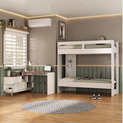 Conjunto Quarto Juvenil Completo Nexis com Beliche e Escrivaninha em L 2 Portas Yescasa Branco/Nogal