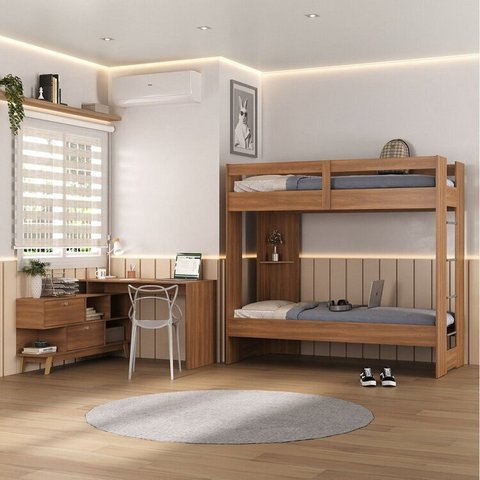 Conjunto Quarto Juvenil Completo Nexis com Beliche e Escrivaninha em L 2 Portas Yescasa Marrom/Nogal