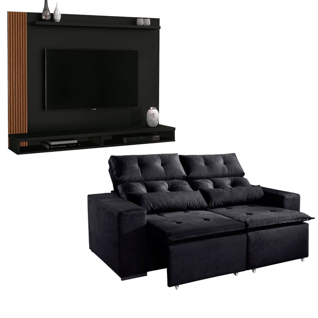 Kit Painel Dijon + Sofá Ubá Retrátil e Reclinável Cor Sofa Uba Preto