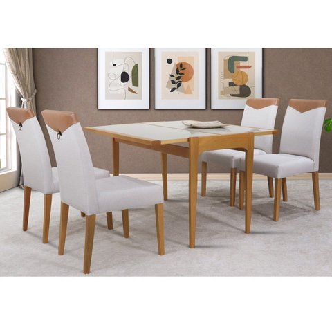 Conjunto Sala de Jantar Mesa Aparador Extensível 53x106 Tampo Vidro e 04 Cadeiras Estofada Marrom/Am