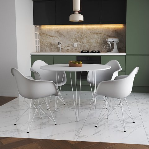 Mesa Jantar Redonda 110cm Branca Clips 3 Pés com 4 Poltronas Brancas Eames Eiffel Ferro Branco