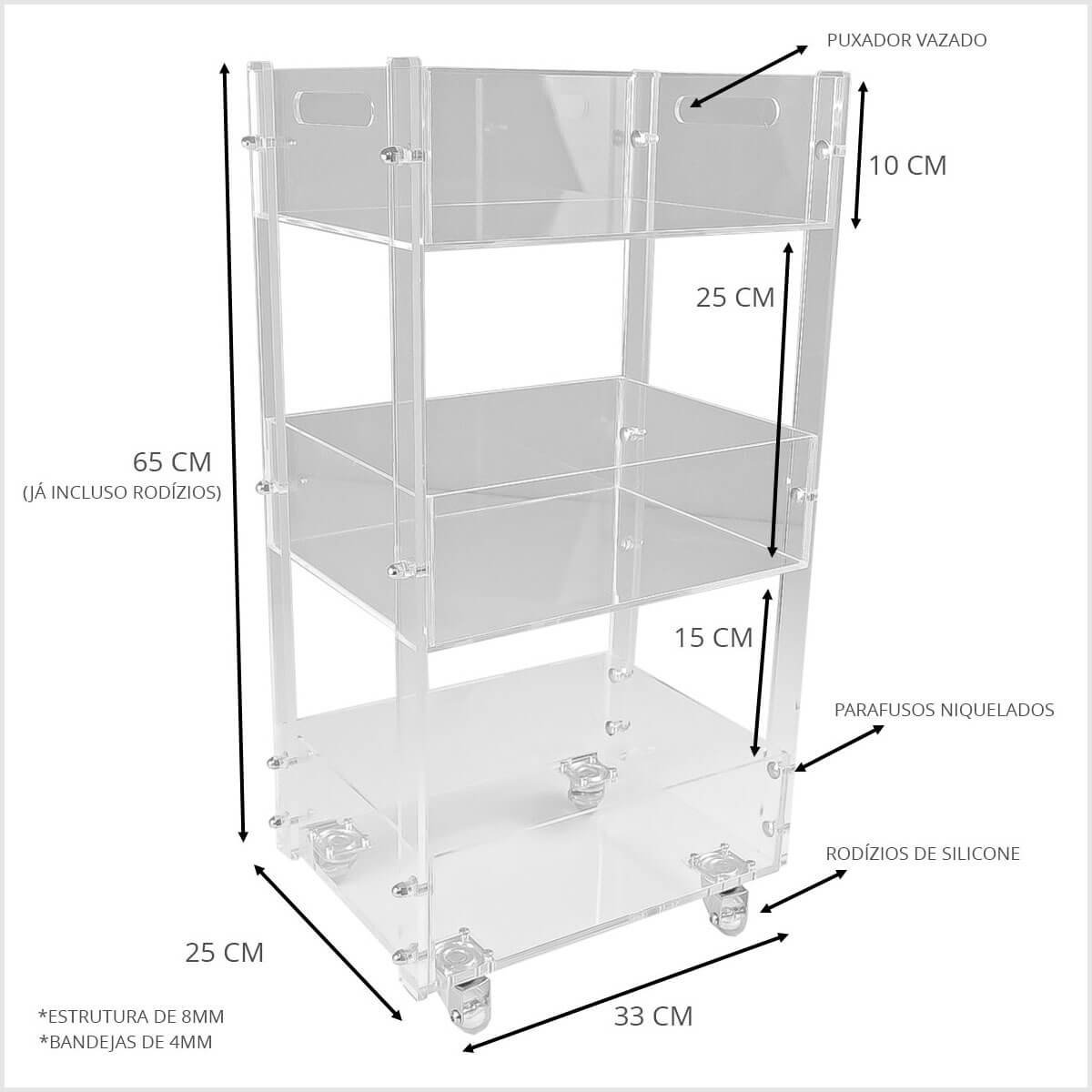 Carrinho Auxiliar Multiuso Em Acrílico Premium C/ 3 Bandejas Centauri Acrílicos CAR-A-M1 - 6