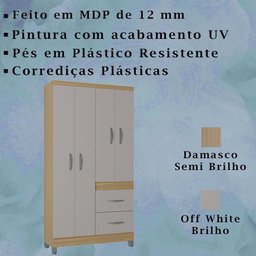 Roupeiro Solteiro 4 Portas 837 Damasco Off White Poqq Damasco Off White - 3