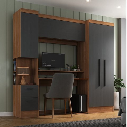 Escrivaninha Mesa Escritório com Armário e Modulado Viena 2 Gavetas 4 Portas 226,5cm Nogal E Grafite