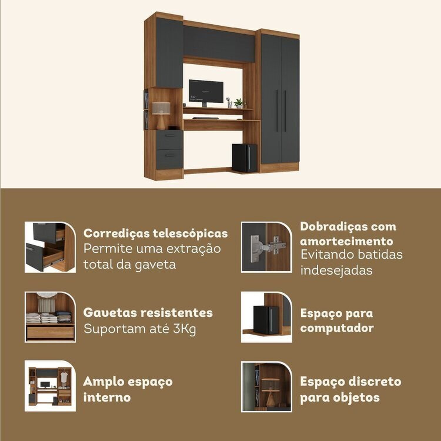 Escrivaninha com Armário 4 Portas e 2 Gavetas Modulado Viena - 5