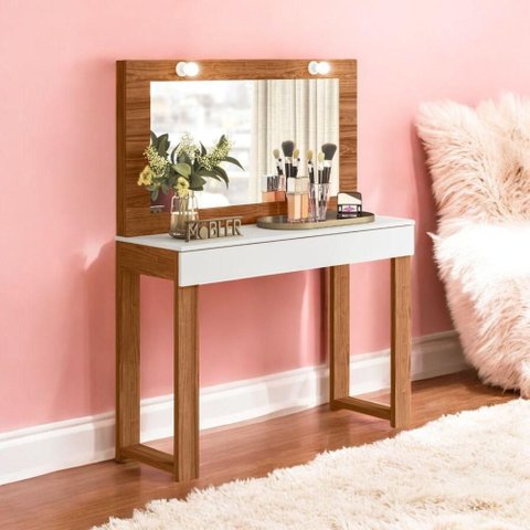 Penteadeira Escrivaninha Nina 1 Gaveta com Espelho LED MDP Cinamomo Mel Branco Fosco Mobler