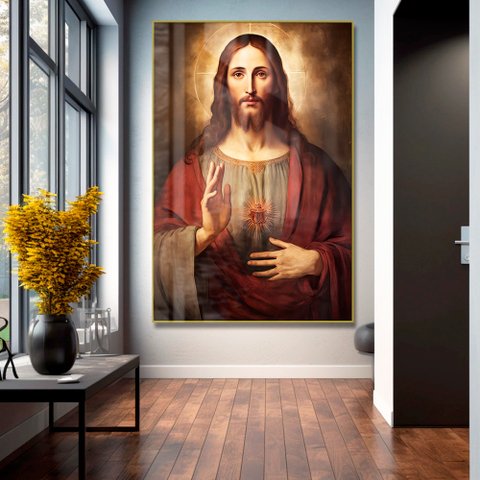 Quadro Decorativo Jesus Cristo em Moldura Caixa Tacolado Moldura Trad 1cm Madeira Escura com Vidro 3
