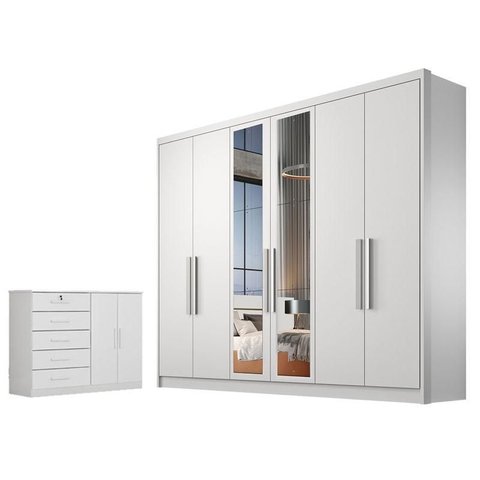 Guarda Roupa Casal Linea com Nicho e Espelho com Cômoda Seul Neve - Novo Horizonte