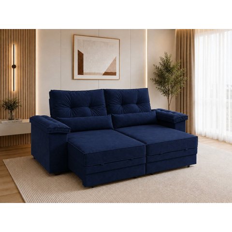 Sofá Retrátil Reclinável 260cm Dubai Veludo Azul Premium