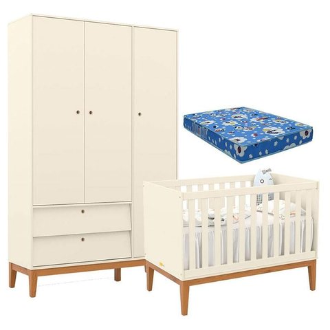 Berço Americano e Guarda Roupa Unique 3 Portas Off White Eco Wood com Colchão Ortobom - Matic