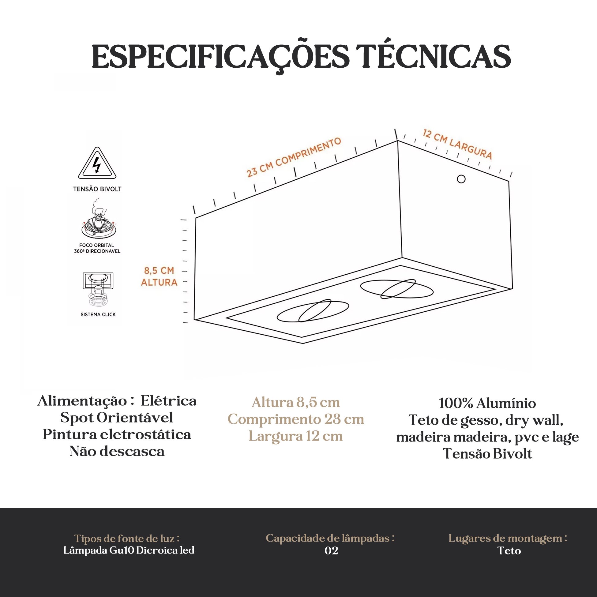Kit 4 Luminarias Teto Sobrepor Duplo Recuado Alumínio 2 Gu10 - Preto - 2