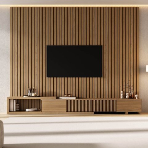 Rack Extensível Ripado com Painel Ripado para Tv 86 Polegadas 230cmx280cm Aruá CabeCasa MadeiraOriginals