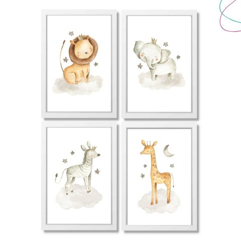 4 Quadros Decorativos Infantil Safari Baby Aquarela Moldura:branca