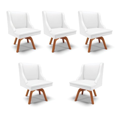 Kit 5 Cadeiras Decorativas Sala de Jantar Base Giratória de Madeira Firenze PU Branco Fosco/Natural 
