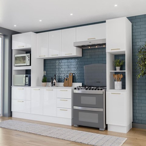 Cozinha Amara 5 Peças Armários Aéreos Torre Quente Paneleiro Balcão Tampo Rodapé Branco 250098
