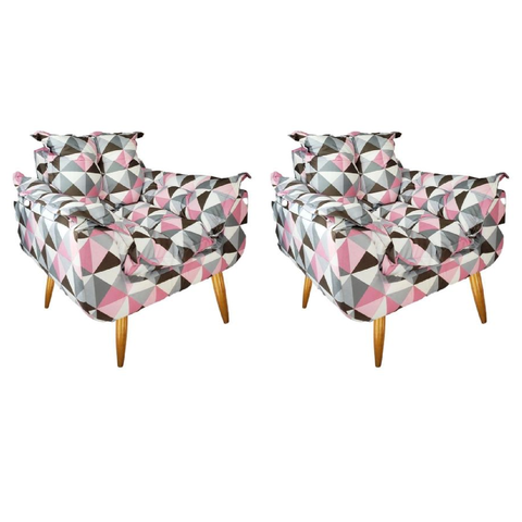 Kit 02 Poltronas Opala Suede Estampado Triângulo Rosa Pés Palito