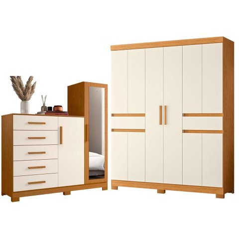 Guarda Roupa Casal Olimpia 10 Portas e Cômoda New Master Cinamomo Off White - Móveis Albatroz