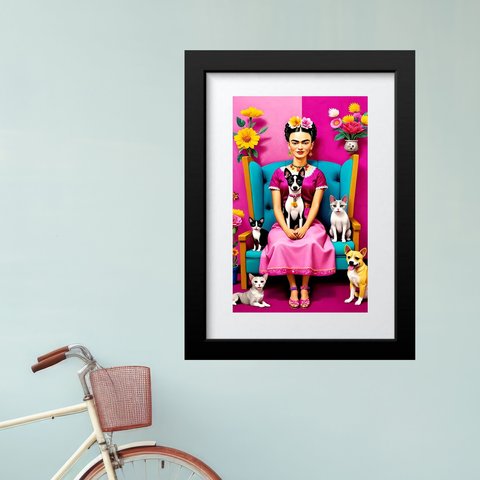 Quadro Frida com Gatos e Cachorros - 60x48cm:moldura Preta