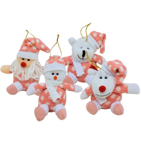 Conjunto 4 Bonecos Pelúcia Rosa Pendente Natal Papai Noel, Boneco Neve, Urso e Rena 14cm - Master Ch