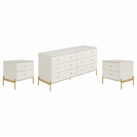 Cômoda com 6 Gavetas e 2 Mesas de Cabeceira Jasper - Off White Fosco com Dourado