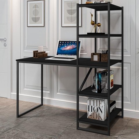 Mesa para Escritório Retangular Alero Industrial 5 Prateleiras MDP 130cm Preto Art Panta