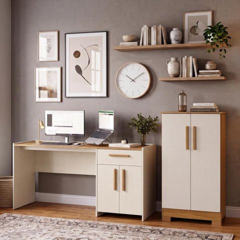 Kit Home Office Mesa 164cm + Armário Multiuso Alaska - Freijó/Off White
