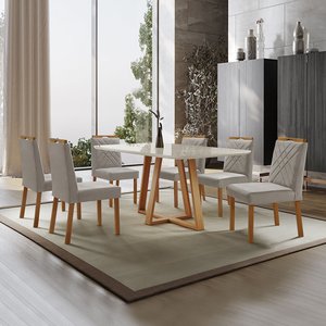 Conjunto Sala de Jantar Mesa Florença Madeira Maciça 160x90cm Tampo Retângular Vidro Off White com 6