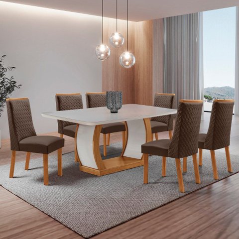 Mesa de Jantar Milena 180cm Tampo MDF Vidro Canto Copo com 6 Cadeiras Carolina