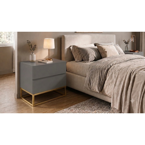 Mesinha de Cabeceira Canto Apoio de Cama Cinza Fosco Eros 45cm Estilo Industrial Base Dourado