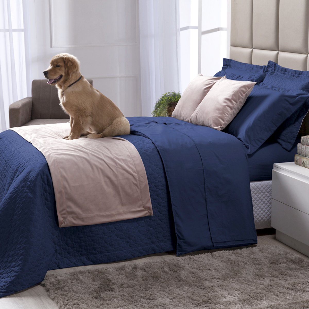 Kit de Colcha King Azul Marinho 100 Algodão 200 Fios Matelada 3 Peças