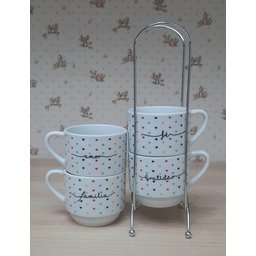 Kit Jogo 4 Xicaras Café Chá Hotel 200ml Empilháveis com Suporte - Poá Colorido Frases - 4