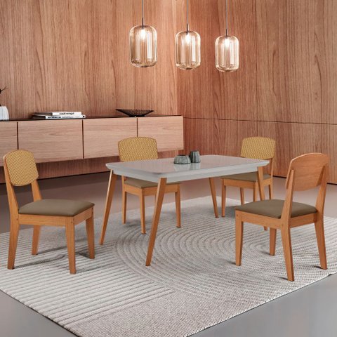 Mesa de Jantar Copper 120cm Tampo Canto Copo Mdf Vidro com 4 Cadeiras Copper Premium Moderna Mobília