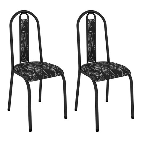 Kit 2 Cadeiras de Cozinha Arizona Estampado Preto Florido Pés de Ferro Preto