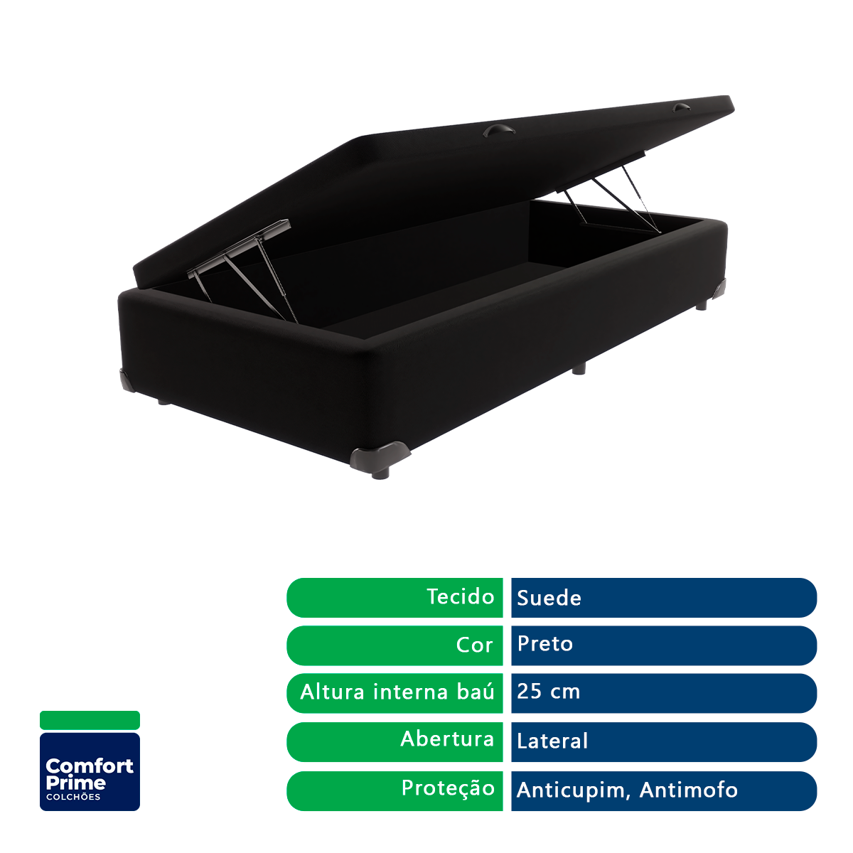 Cama + Box Baú Solteiro Preta Resistente Comfort Prime Firme 78x188 - 3