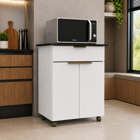 Balcão Multiuso para Forno e Micro-Ondas 2 Portas Gaveta com Rodízios J Carvalho Branco/Preto