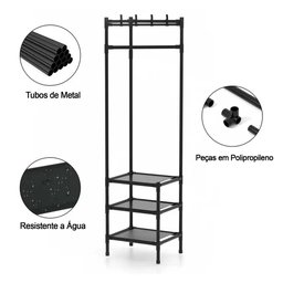 Arara Cabideira de Canto Prateleira 3 Andares Rack Sapateira Calçado Chinelo Gancho Multiuso Roupa B - 9